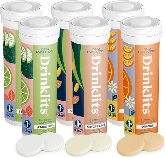 Drinklits Hydration Tablets Variety Pack (6) - Ginger-Lime, Lemon-Lime, Orange - Sugar-Free Electrolyte Sports Drink - 6 Pack (60 Servings)