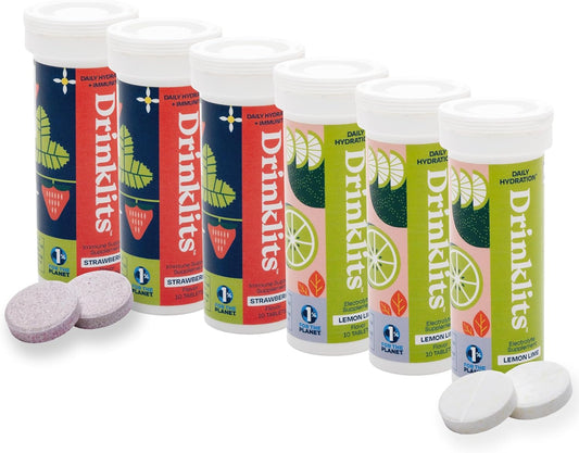Drinklits Lemon Lime Electrolyte Hydration & Strawberry Immunity Tablets Combo Pack | 60 Servings | Gluten-Free & Great Taste | 10 Tablets Per Tube