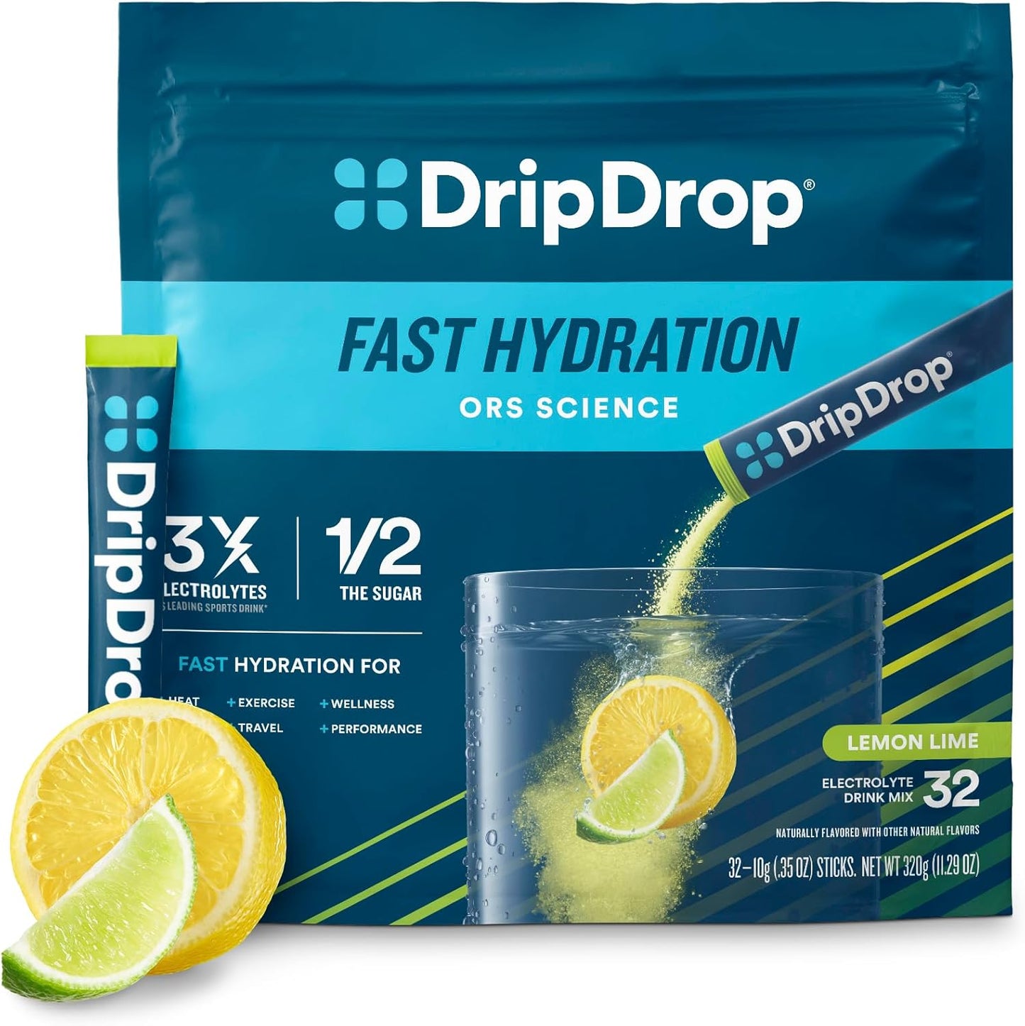DripDrop Hydration Electrolyte Drink Mix Lemon Lime Single Serve Packets - 32 Sticks, Non-GMO, Gluten Free, Vegan