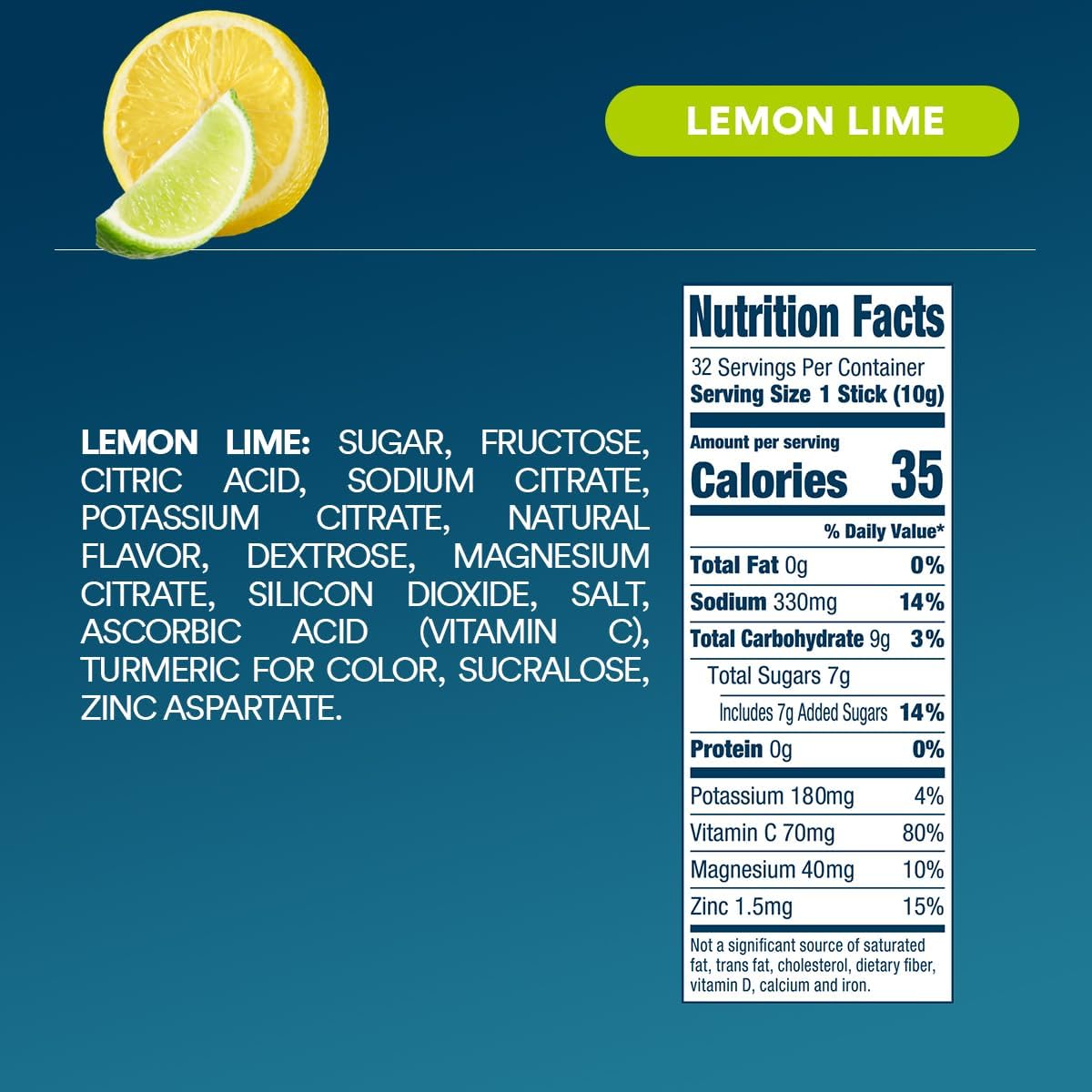 DripDrop Hydration Electrolyte Drink Mix Lemon Lime Single Serve Packets - 32 Sticks, Non-GMO, Gluten Free, Vegan