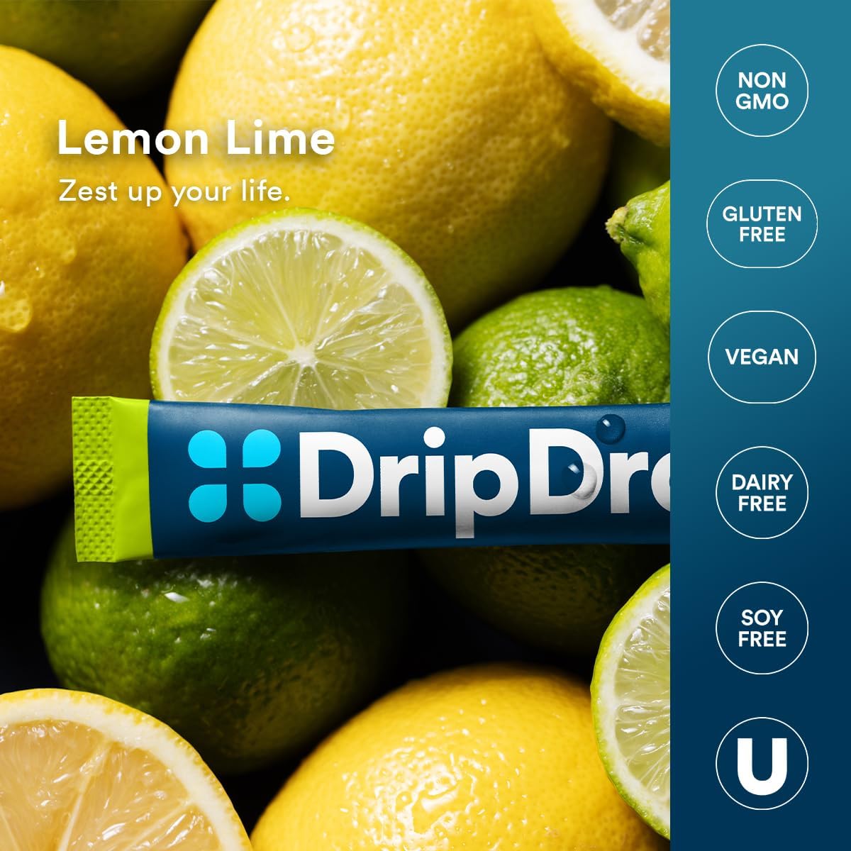 DripDrop Hydration Electrolyte Drink Mix Lemon Lime Single Serve Packets - 32 Sticks, Non-GMO, Gluten Free, Vegan