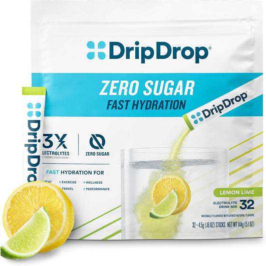 DripDrop Hydration Lemon Lime Electrolyte Drink Mix Packets - Zero Sugar, Non-GMO, Gluten Free, Vegan - 32 Sticks