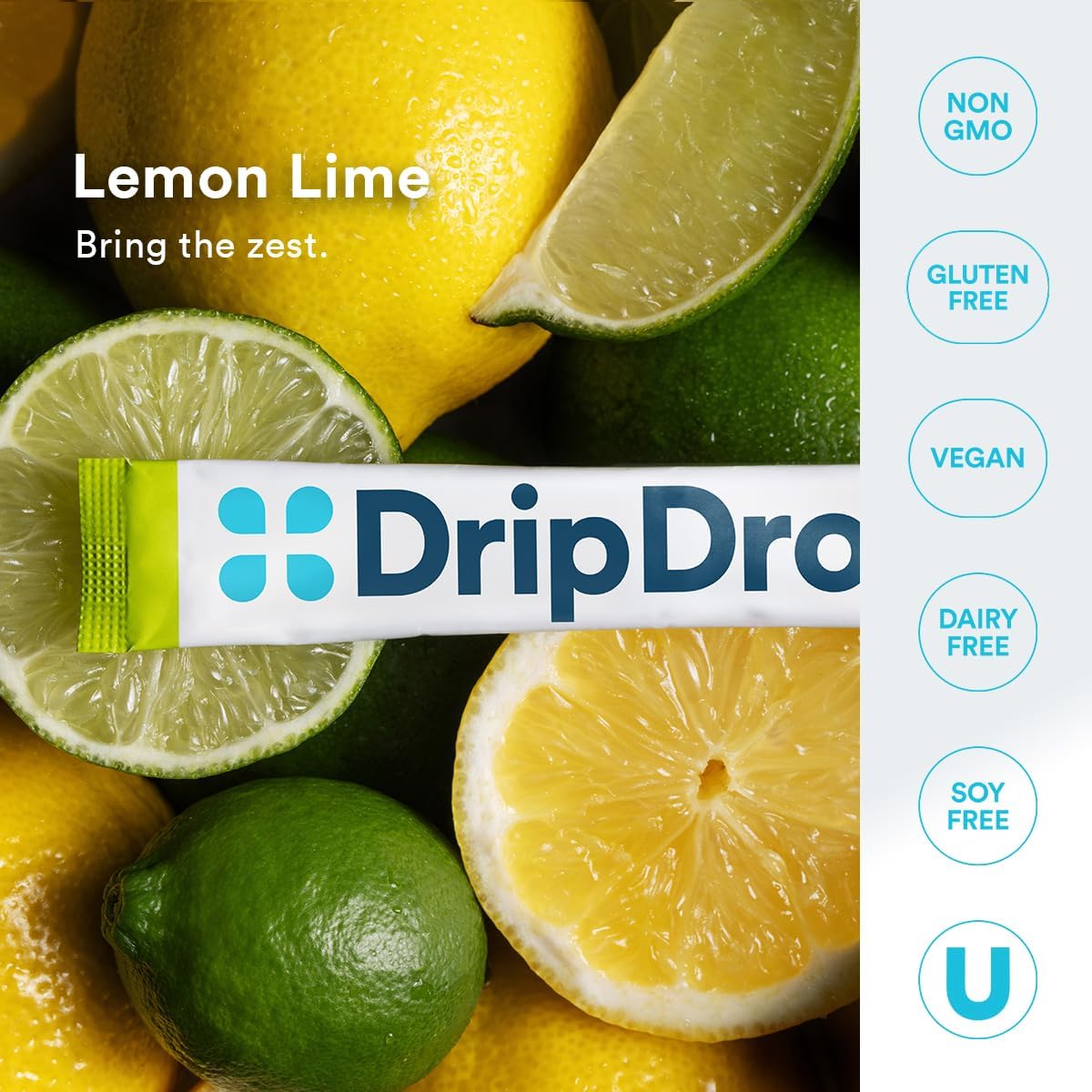 DripDrop Hydration Lemon Lime Electrolyte Drink Mix Packets - Zero Sugar, Non-GMO, Gluten Free, Vegan - 32 Sticks