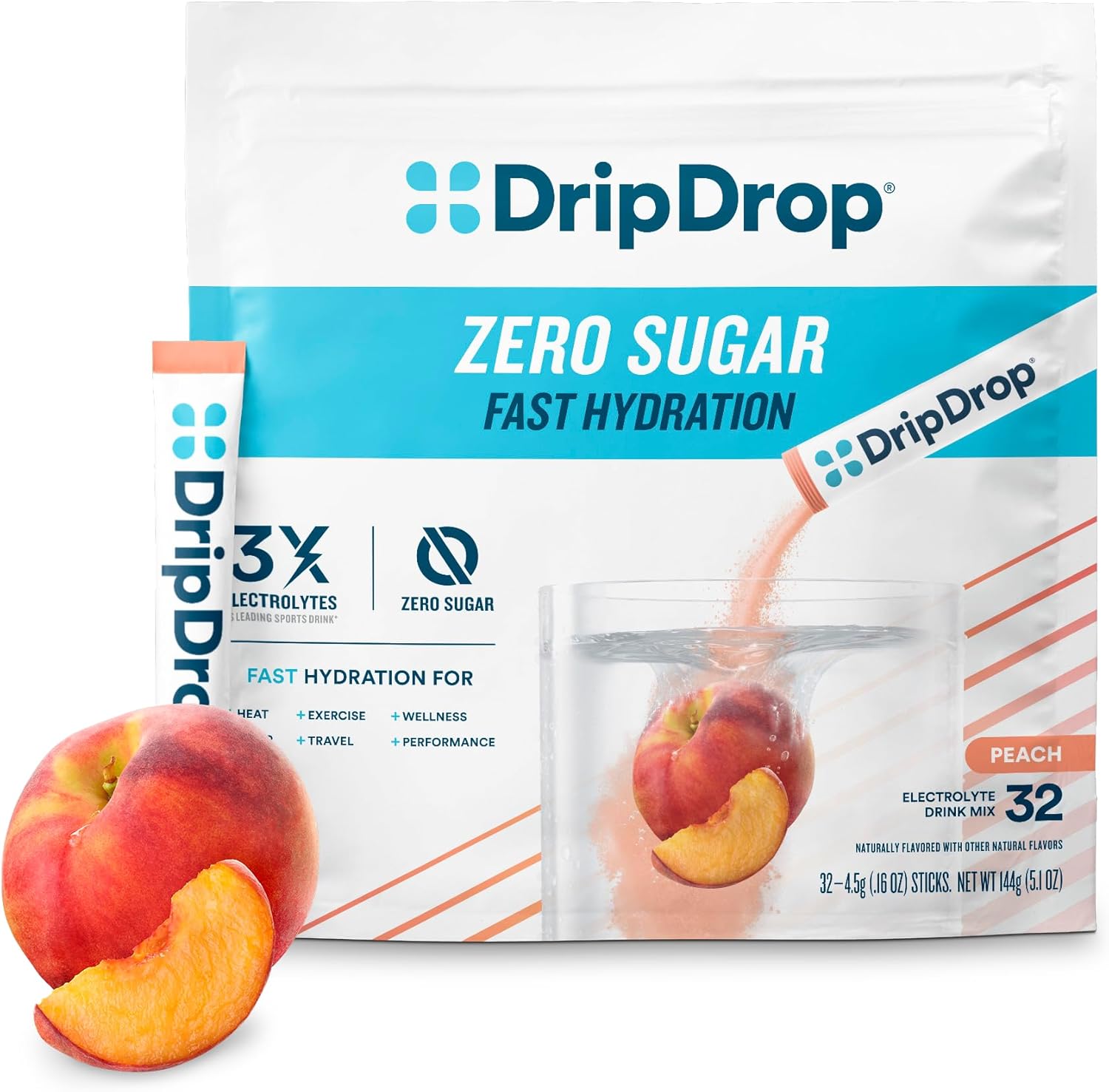 DripDrop Hydration Peach Electrolyte Drink Mix Powder Packets - Zero Sugar, Non-GMO, Gluten Free, Vegan - 32 Sticks