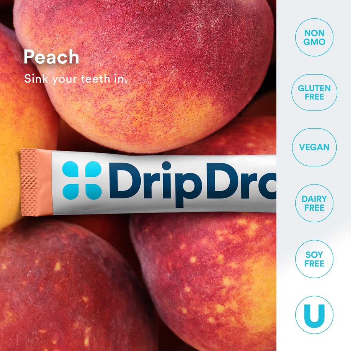 DripDrop Hydration Peach Electrolyte Drink Mix Powder Packets - Zero Sugar, Non-GMO, Gluten Free, Vegan - 32 Sticks