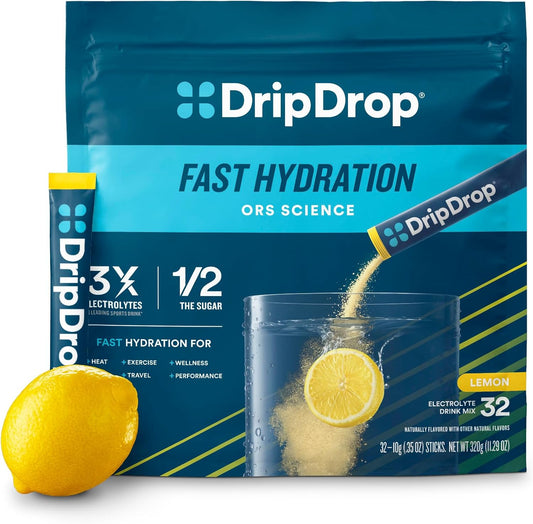 DripDrop Hydration Powder Packets - Lemon Flavor - 32 Single Serve Electrolyte Drink Mix Sticks | Non-GMO, Gluten Free, Vegan
