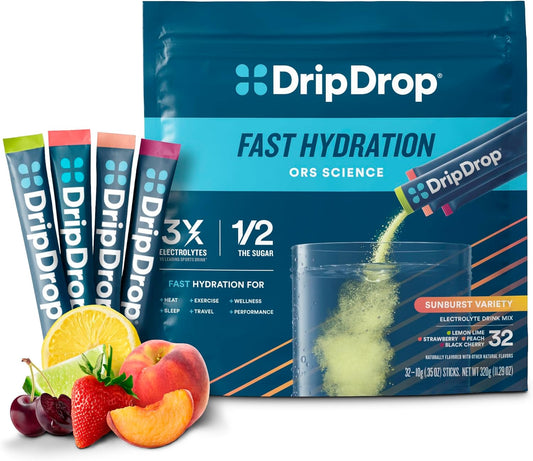DripDrop Hydration Sunburst Variety Pack - Electrolyte Drink Mix Powder Packets - Lemon Lime, Strawberry, Peach, Black Cherry - Non-GMO, Gluten Free, Vegan - 32 Sticks - BoostGo Australia