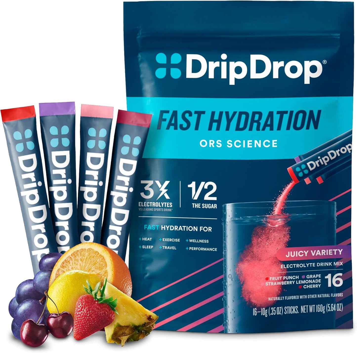 DripDrop Hydration Variety Pack - Electrolyte Drink Mix Powder Packets - Grape, Fruit Punch, Strawberry Lemonade, Cherry - Non-GMO, Gluten Free, Vegan - 16 Sticks