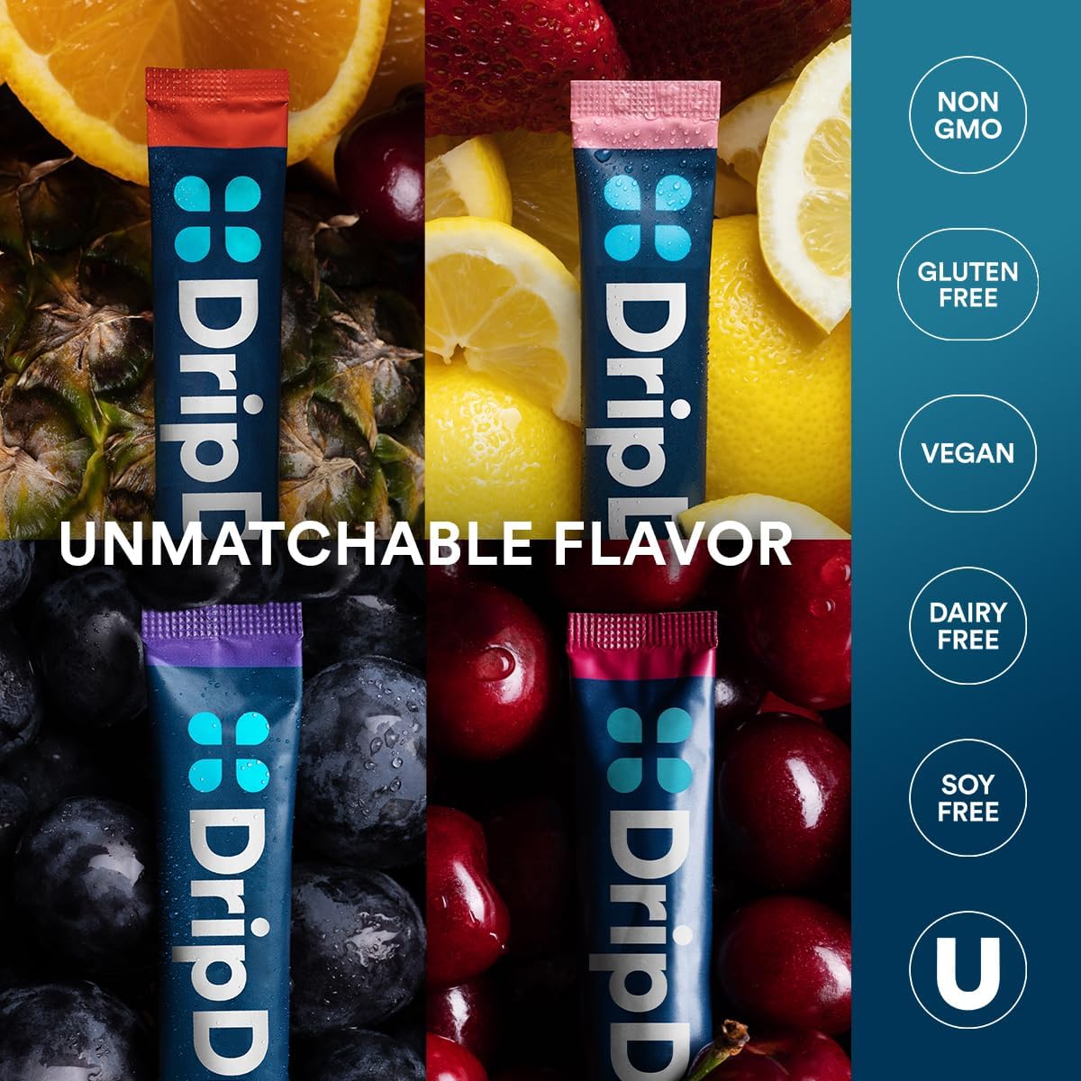 DripDrop Hydration Variety Pack - Electrolyte Drink Mix Powder Packets - Grape, Fruit Punch, Strawberry Lemonade, Cherry - Non-GMO, Gluten Free, Vegan - 16 Sticks