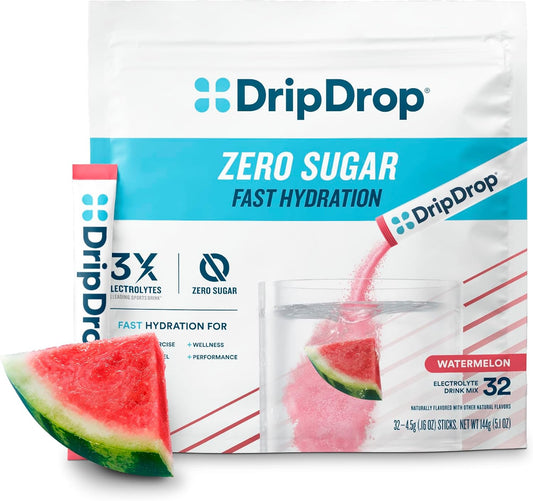 DripDrop Hydration Watermelon Electrolyte Drink Mix Packets - Zero Sugar, Non-GMO, Vegan - 32 Sticks