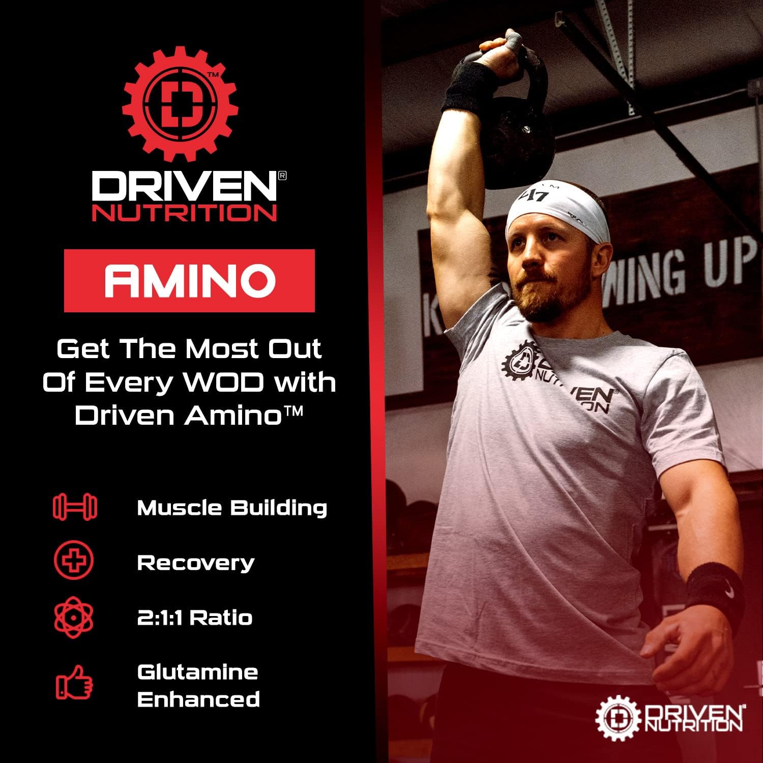 Driven Nutrition Amino BCAA with Glutamine - 2:1:1 Ratio, 4g Leucine - Boost Performance, Build Muscle, Vegan - Watermelon