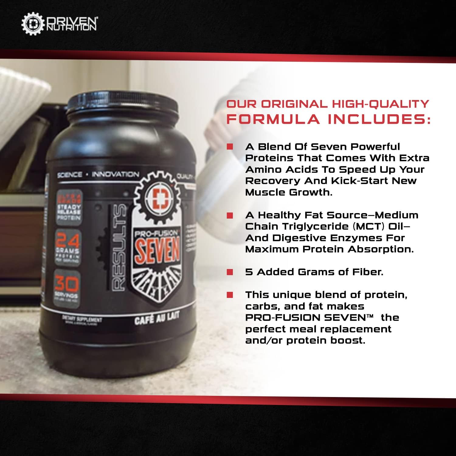 Driven Nutrition Driven Pro Fusion 7 Meal Replacement Powder - Chocolate Milkshake Flavor - 3 lbs - 24g Protein - Digestive Enzymes & MCT Oil - Gluten-Free - On-The-Go Energy & Muscle Support