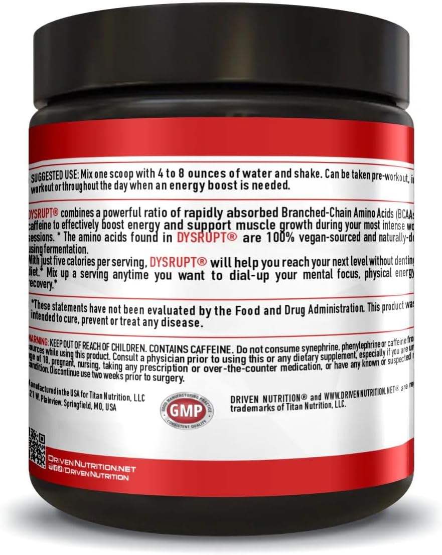 Driven Nutrition DYSRUPT: BCAA + Caffeine Electrolyte Supplement for Improved Recovery, Fat Burning, Endurance, and Focus