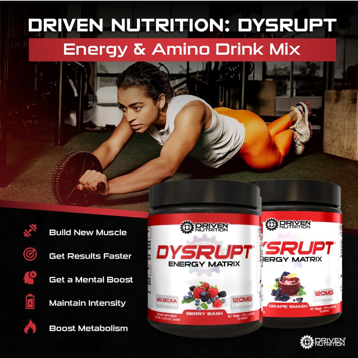 Driven Nutrition DYSRUPT: BCAA + Caffeine Electrolyte Supplement for Improved Recovery, Fat Burning, Endurance, and Focus