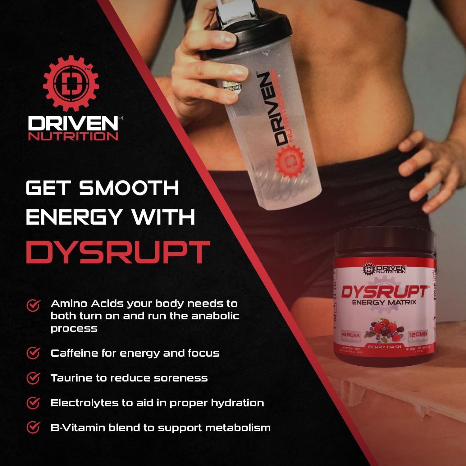Driven Nutrition DYSRUPT: BCAA + Caffeine Electrolyte Supplement for Improved Recovery, Fat Burning, Endurance, and Focus