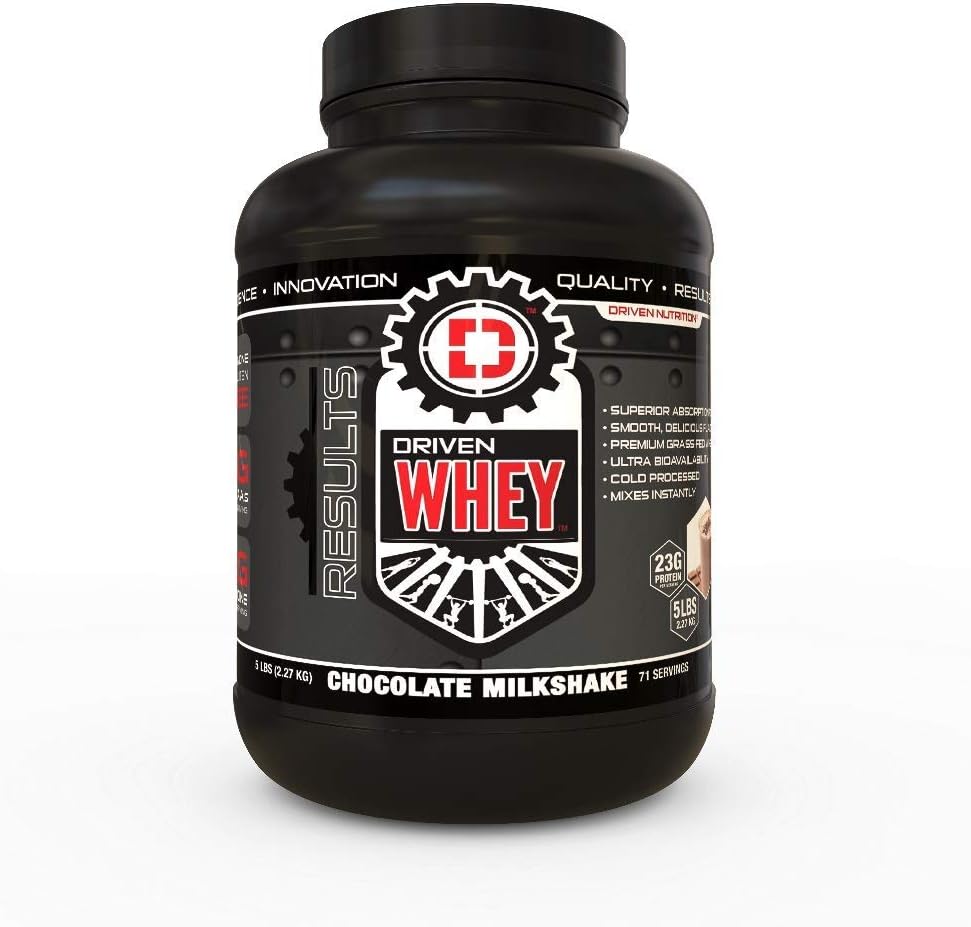 Driven Nutrition Grass Fed Whey Protein Powder - Chocolate Milkshake Flavor - 5lb - Enhance Muscle Recovery with 23g Protein, BCAA, Digestive Enzymes - Delicious and Clean Shake