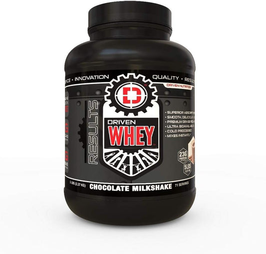 Driven Nutrition Grass Fed Whey Protein Powder - Chocolate Milkshake Flavor - 5lb - Enhance Muscle Recovery with 23g Protein, BCAA, Digestive Enzymes - Delicious and Clean Shake