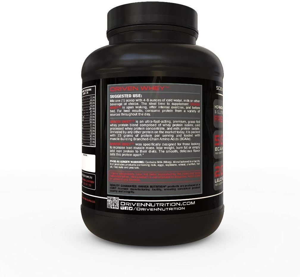 Driven Nutrition Grass Fed Whey Protein Powder - Chocolate Milkshake Flavor - 5lb - Enhance Muscle Recovery with 23g Protein, BCAA, Digestive Enzymes - Delicious and Clean Shake