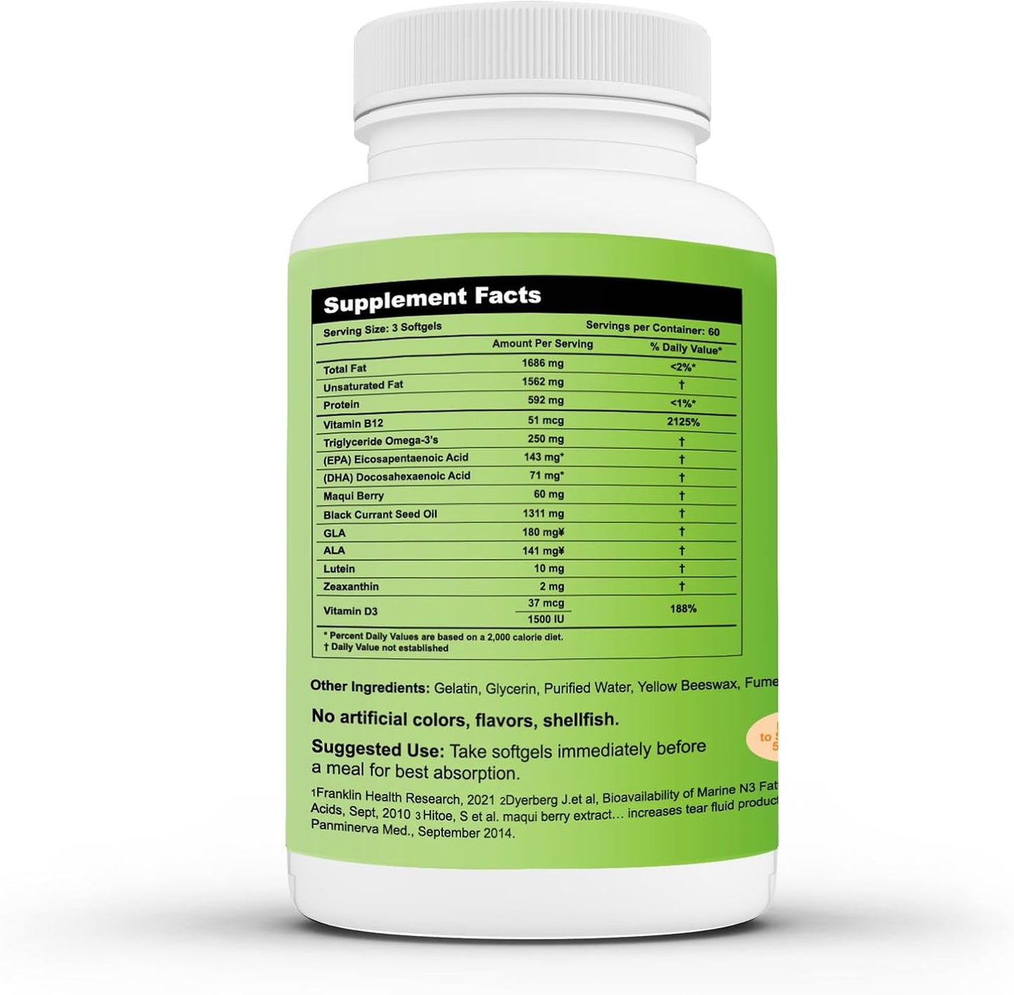 Dry Eyes Relief Softgels with Omega-3, Maqui Berry, Black Currant Oil, Lutein, Zeaxanthin, B12, D3 - 180 Mini Softgels