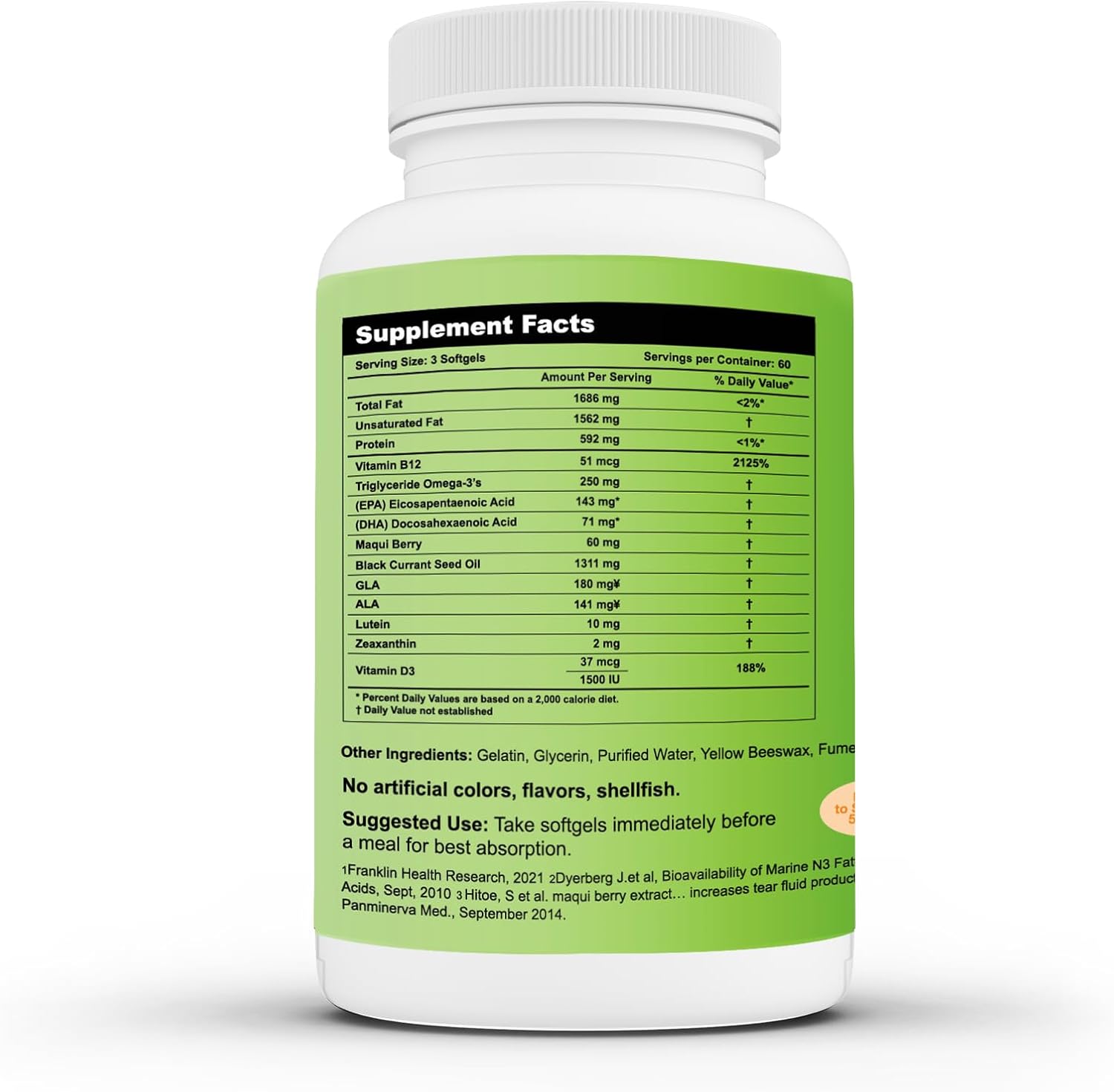 Dry Eyes Relief Softgels with Omega-3, Maqui Berry, Black Currant Oil, Lutein, Zeaxanthin, B12, D3 - 180 Mini Softgels