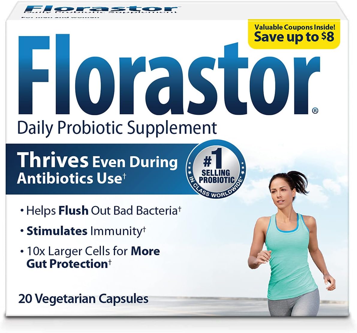 Dual Action Florastor Probiotics: 20 Capsules for Digestive & Immune Health - Women & Men, Unique Strain Saccharomyces Boulardii