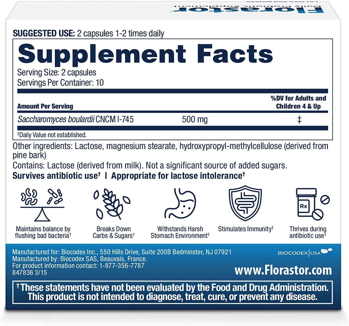 Dual Action Florastor Probiotics: 20 Capsules for Digestive & Immune Health - Women & Men, Unique Strain Saccharomyces Boulardii