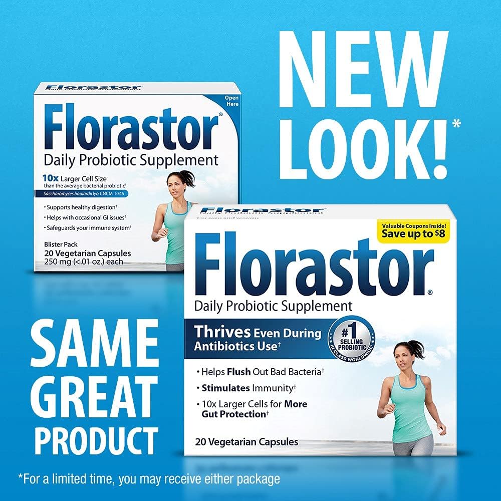 Dual Action Florastor Probiotics: 20 Capsules for Digestive & Immune Health - Women & Men, Unique Strain Saccharomyces Boulardii