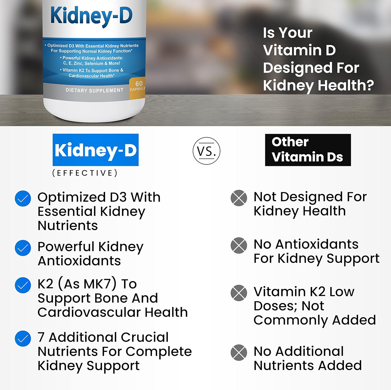 Dual Action Kidney Support Capsules with Vitamin D Antioxidants, Probiotics, & Cleansing Agents