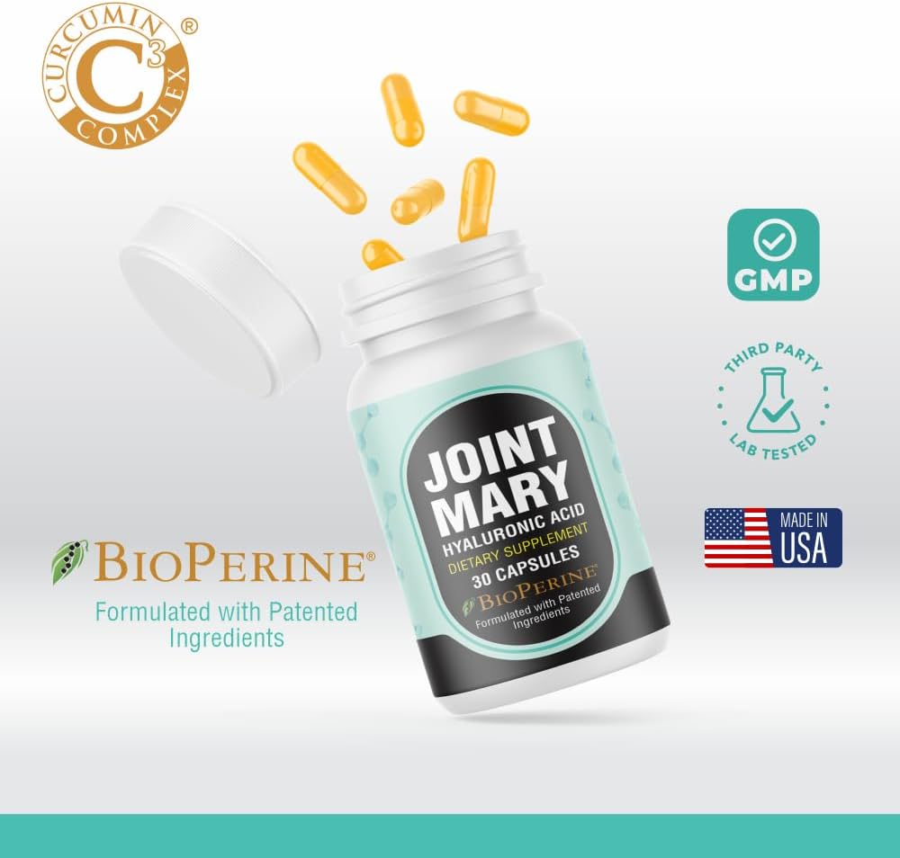 Dual Pack Joint Mary Hyaluronic Acid Supplement with Collagen, Turmeric, Glucosamine, MSM, Vitamin C - 60 Capsules total