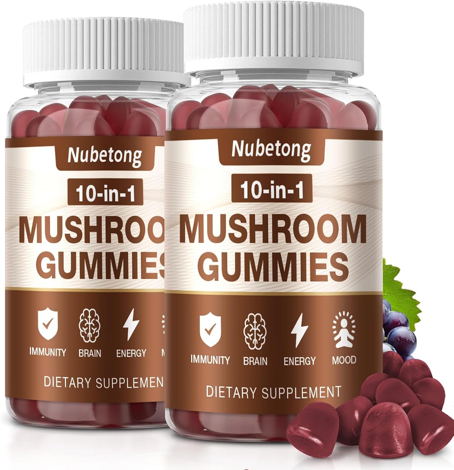 Dual Pack NUBETONG Mushroom Gummies - 10x Mushroom Supplement for Adults with Lion's Mane, Reishi, Chaga, Turkey Tail - Brain, Immune, Stress, Focus Support
