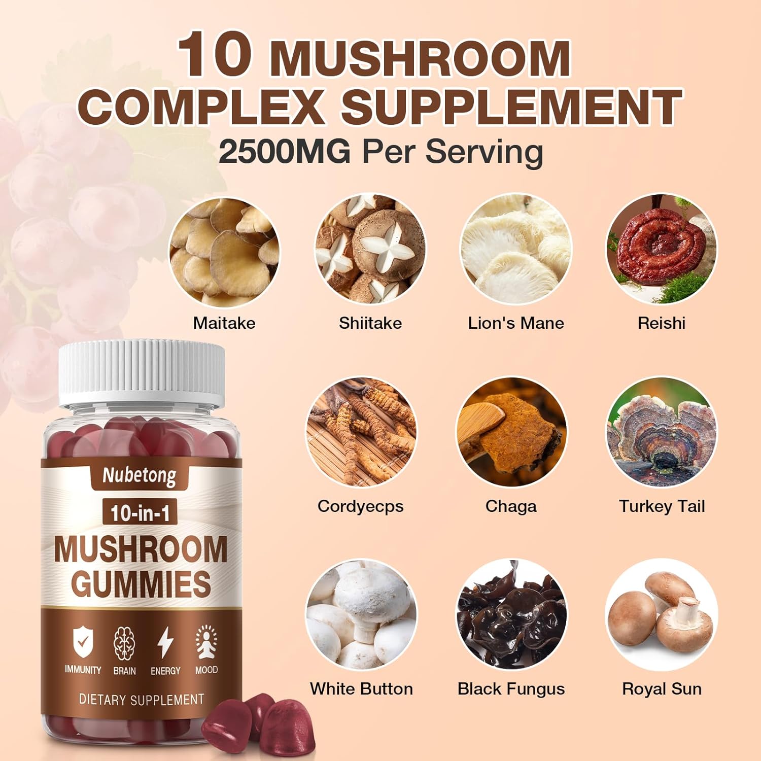 Dual Pack NUBETONG Mushroom Gummies - 10x Mushroom Supplement for Adults with Lion's Mane, Reishi, Chaga, Turkey Tail - Brain, Immune, Stress, Focus Support
