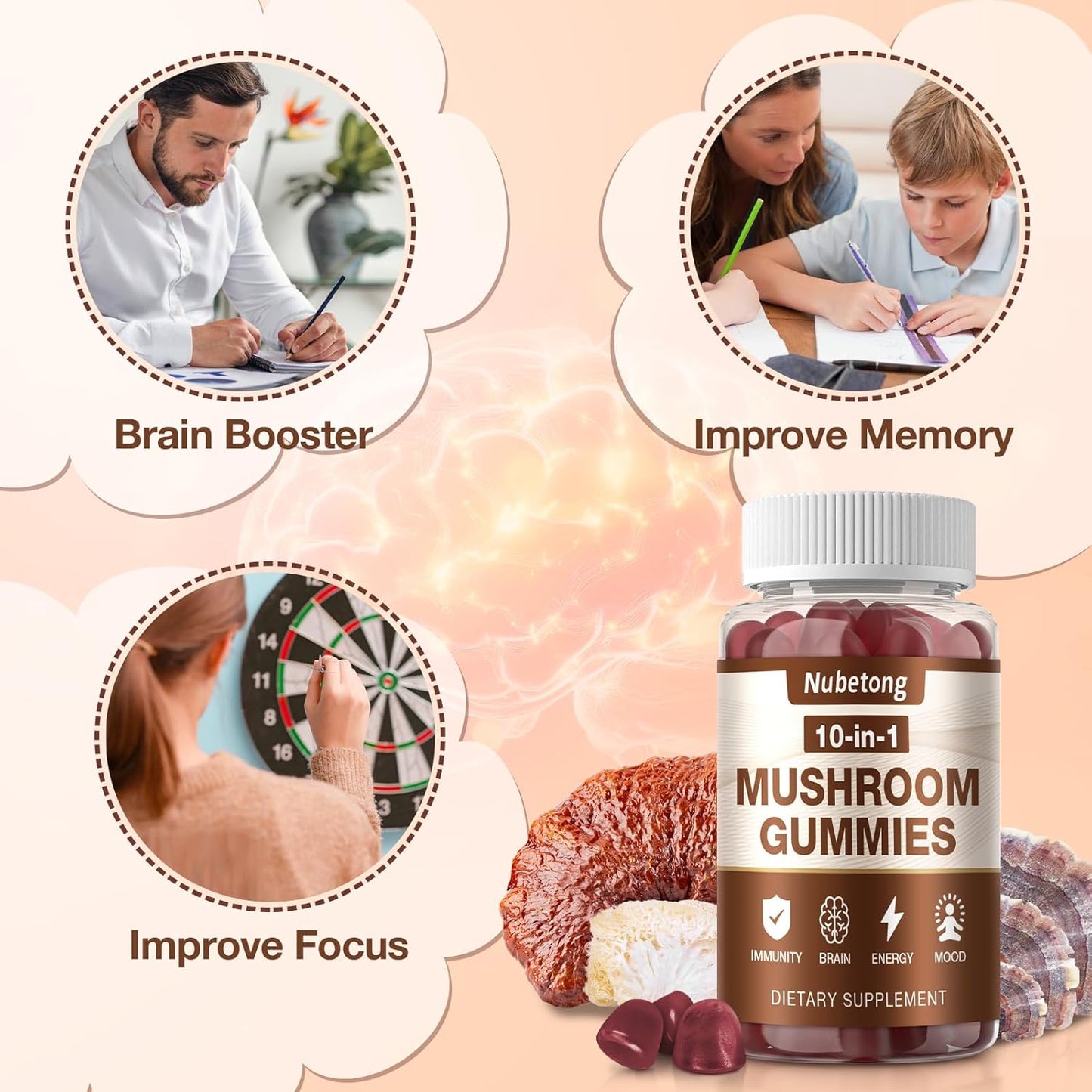Dual Pack NUBETONG Mushroom Gummies - 10x Mushroom Supplement for Adults with Lion's Mane, Reishi, Chaga, Turkey Tail - Brain, Immune, Stress, Focus Support