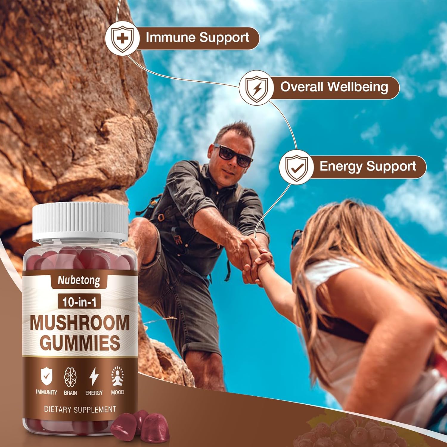 Dual Pack NUBETONG Mushroom Gummies - 10x Mushroom Supplement for Adults with Lion's Mane, Reishi, Chaga, Turkey Tail - Brain, Immune, Stress, Focus Support