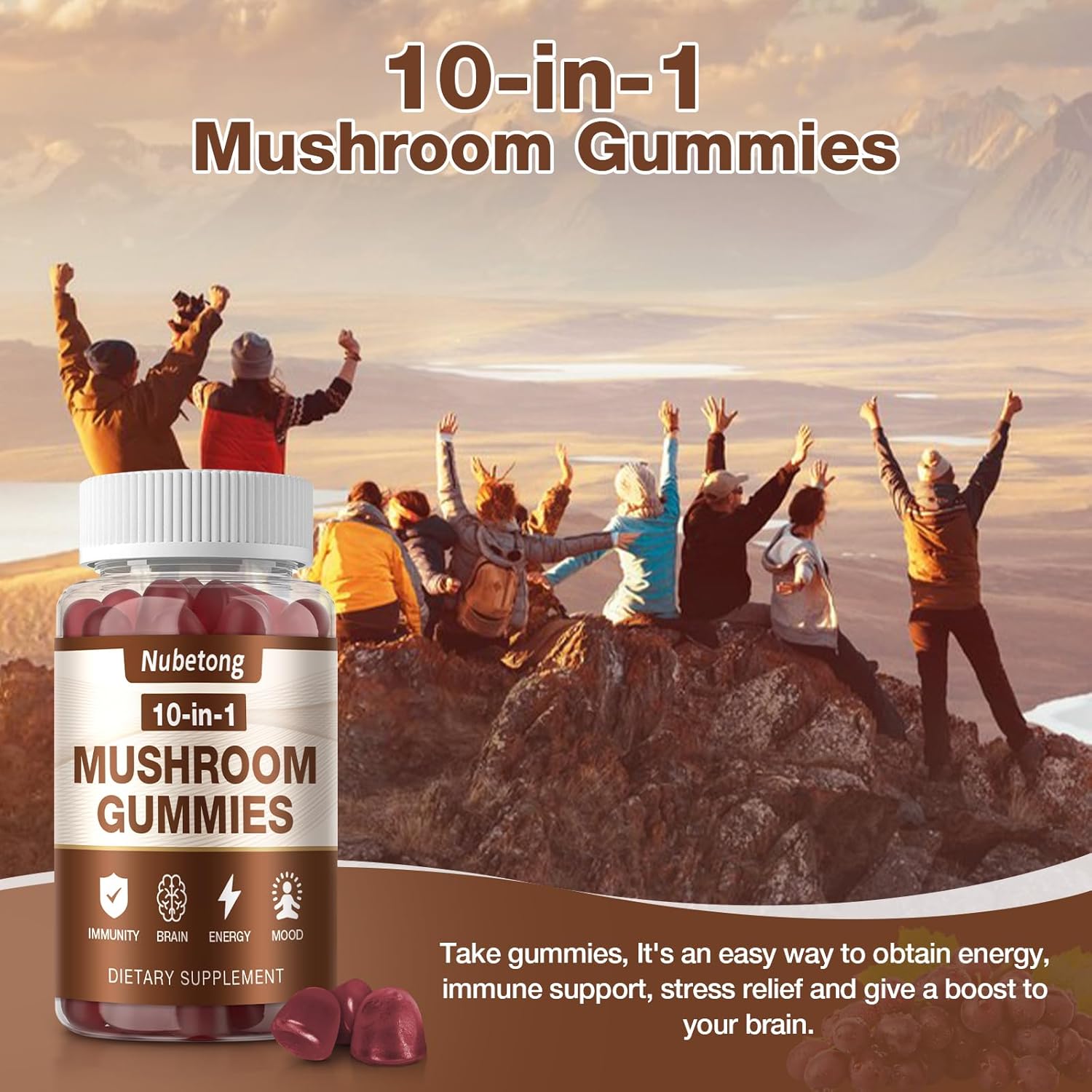 Dual Pack NUBETONG Mushroom Gummies - 10x Mushroom Supplement for Adults with Lion's Mane, Reishi, Chaga, Turkey Tail - Brain, Immune, Stress, Focus Support