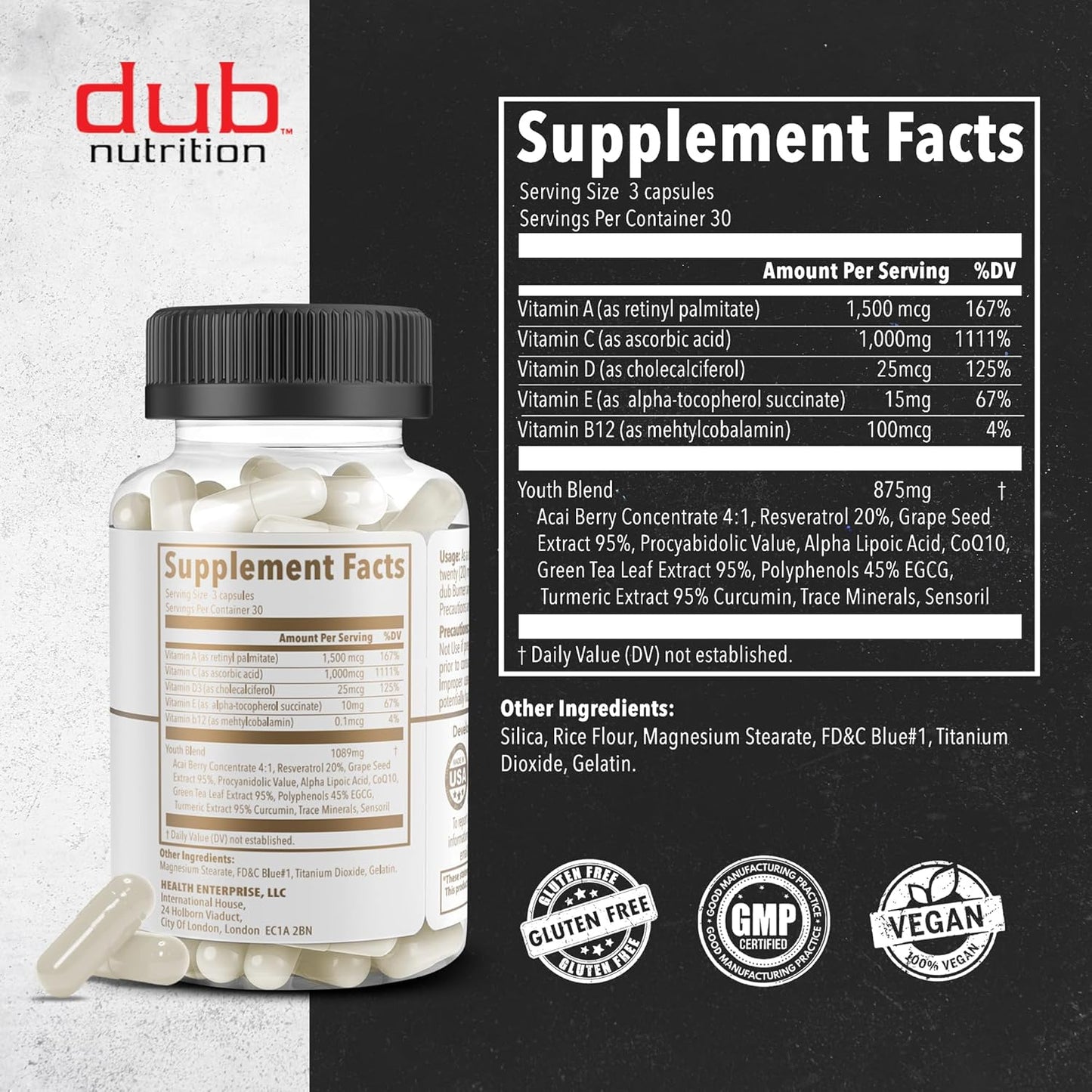 Dub Nutrition Youth Capsules - Immunity and Mobility Support with Acai, Resveratrol, Curcumin, Vitamins A, C, D, E, B12, and CoQ10 - 90 Count
