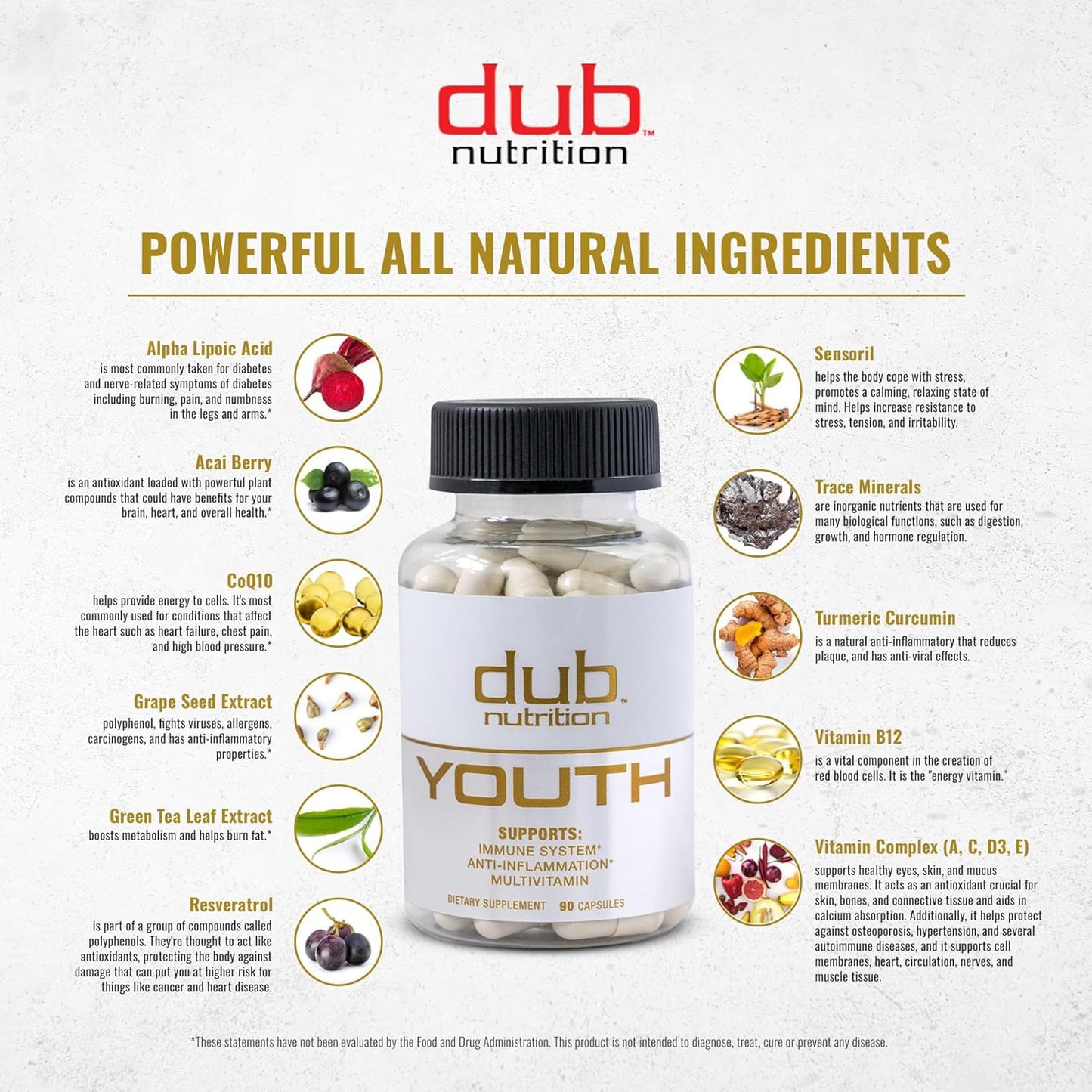 Dub Nutrition Youth Capsules - Immunity and Mobility Support with Acai, Resveratrol, Curcumin, Vitamins A, C, D, E, B12, and CoQ10 - 90 Count