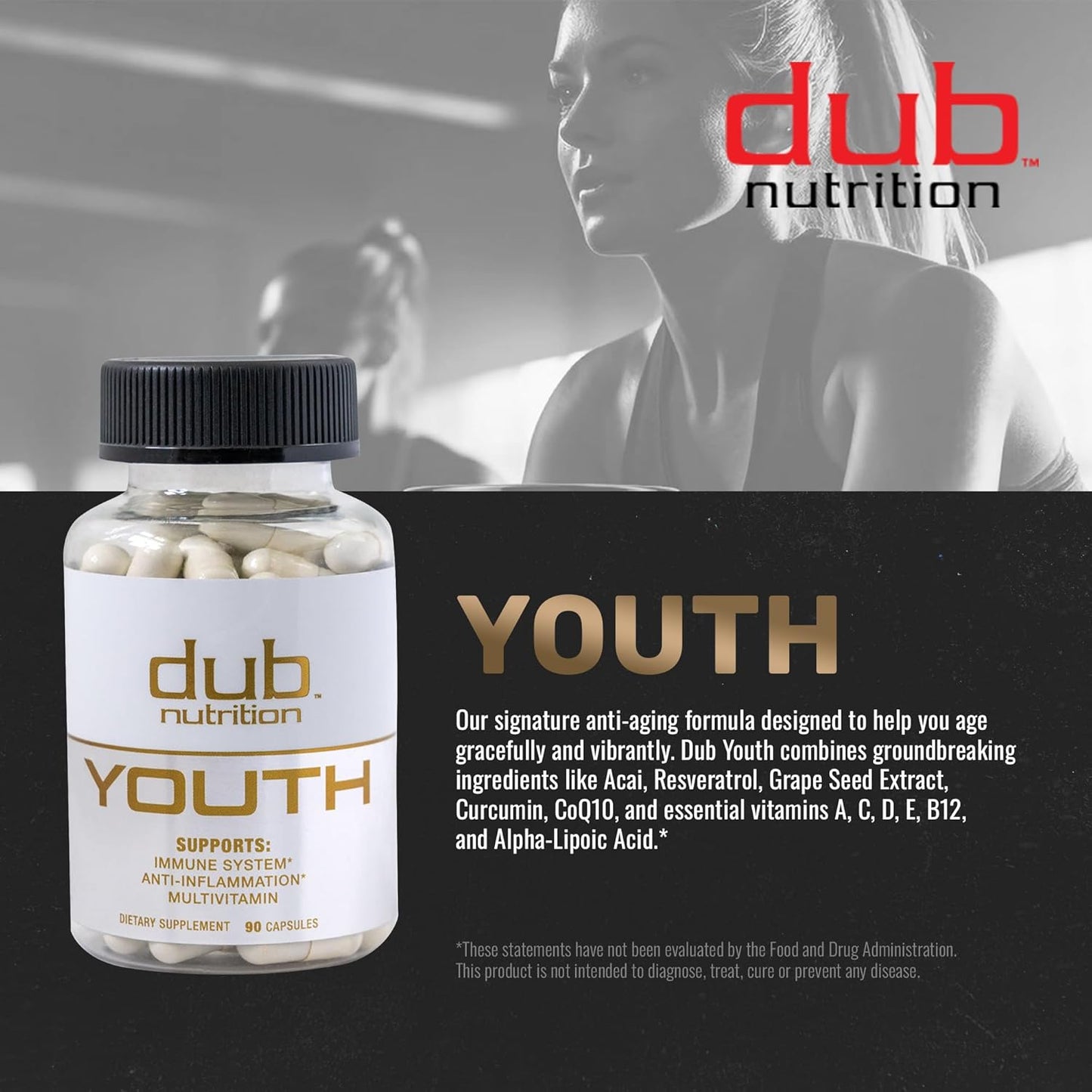 Dub Nutrition Youth Capsules - Immunity and Mobility Support with Acai, Resveratrol, Curcumin, Vitamins A, C, D, E, B12, and CoQ10 - 90 Count