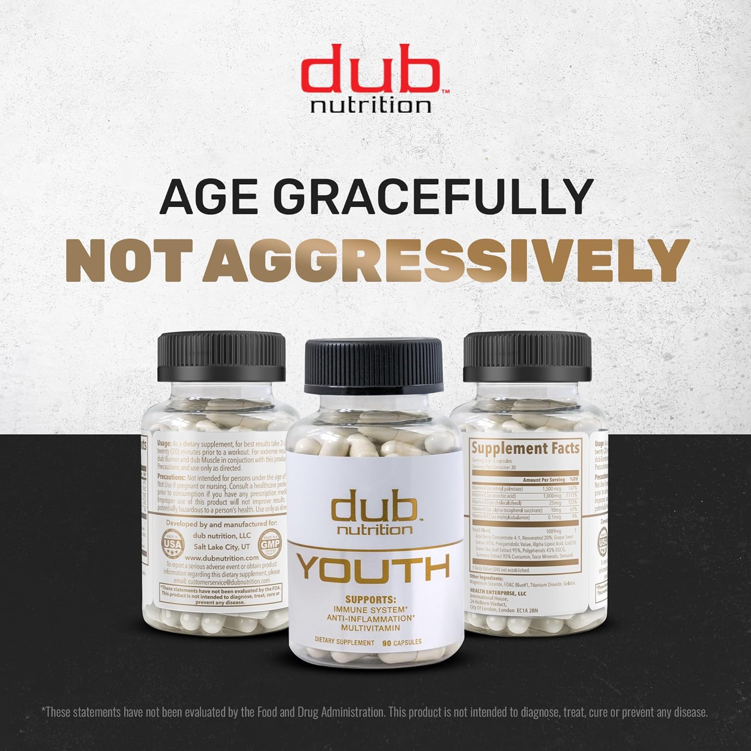 Dub Nutrition Youth Capsules - Immunity and Mobility Support with Acai, Resveratrol, Curcumin, Vitamins A, C, D, E, B12, and CoQ10 - 90 Count