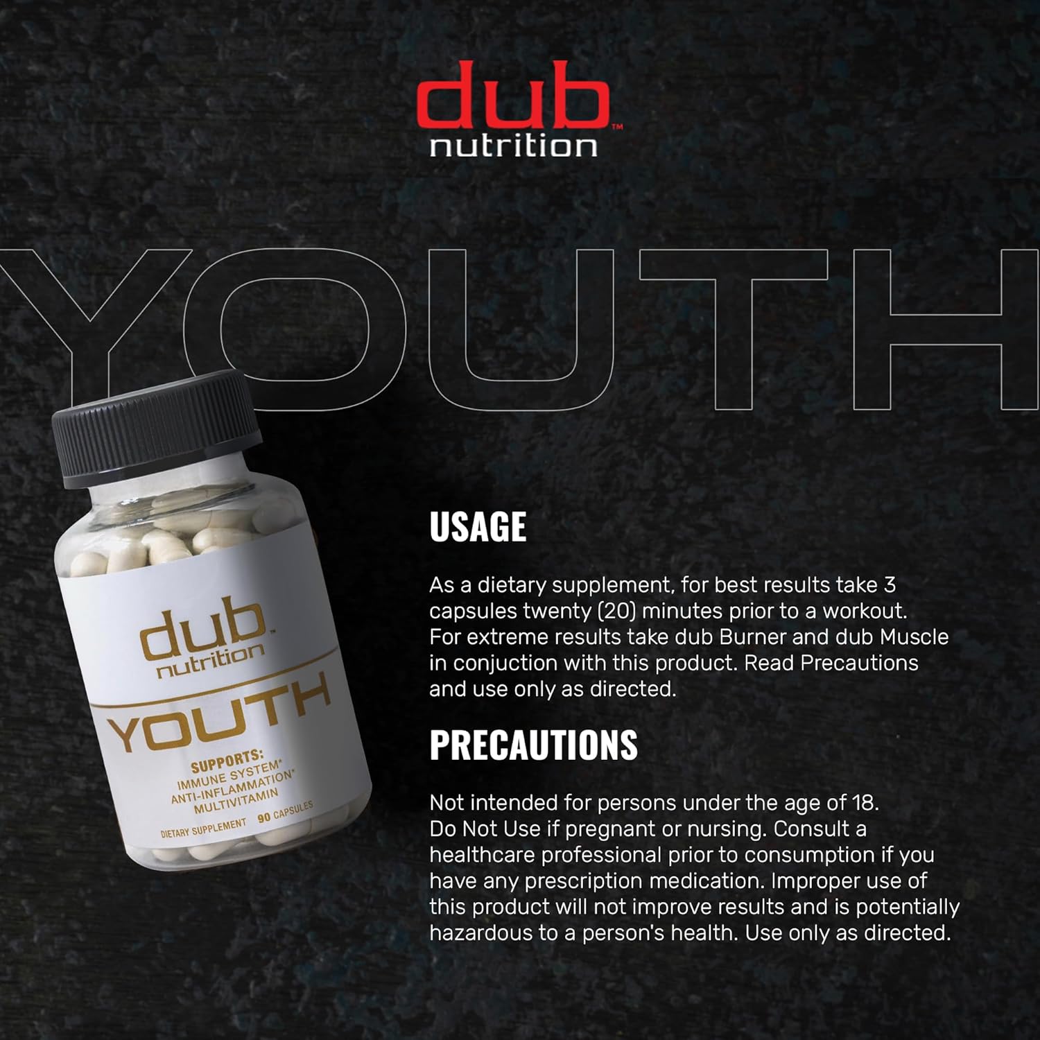 Dub Nutrition Youth Capsules - Immunity and Mobility Support with Acai, Resveratrol, Curcumin, Vitamins A, C, D, E, B12, and CoQ10 - 90 Count