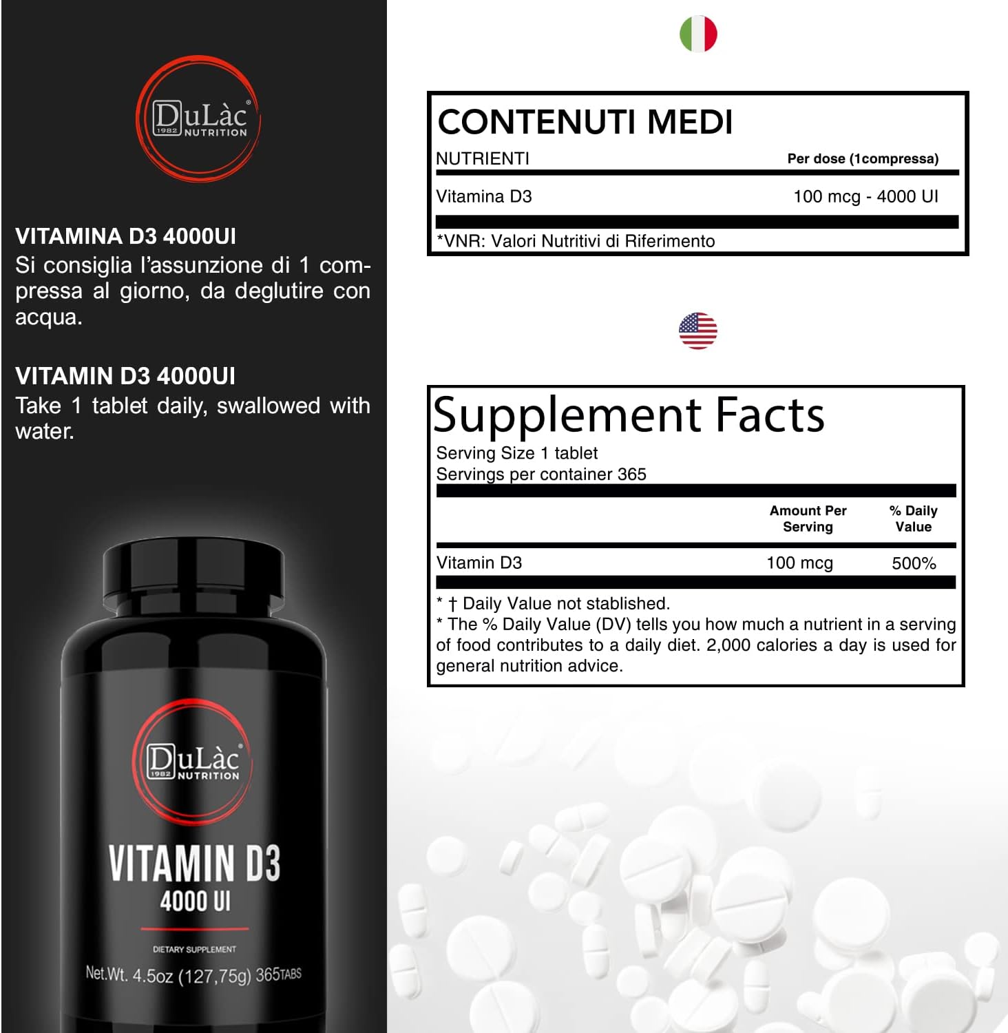 Dulàc Farmaceutici 1982 Vitamin D3 4000 IU Supplement for Bone Health, 365 Tablets, Made in Italy
