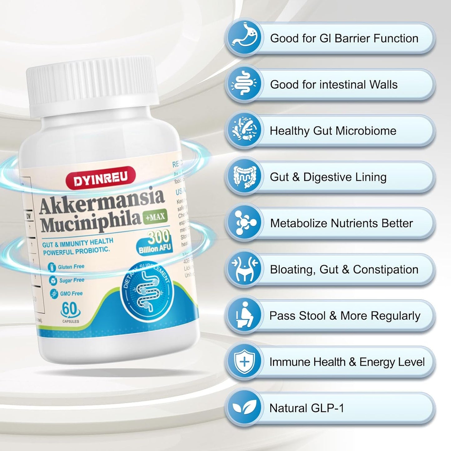 DYINREU Akkermansia Muciniphila 300 Billion AFU Probiotics Capsules for Digestive and Immune Health, Supports Gut Lining & Function for Men and Women - 60 Count