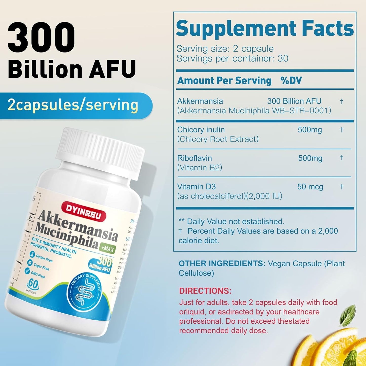 DYINREU Akkermansia Muciniphila 300 Billion AFU Probiotics Capsules for Digestive and Immune Health, Supports Gut Lining & Function for Men and Women - 60 Count