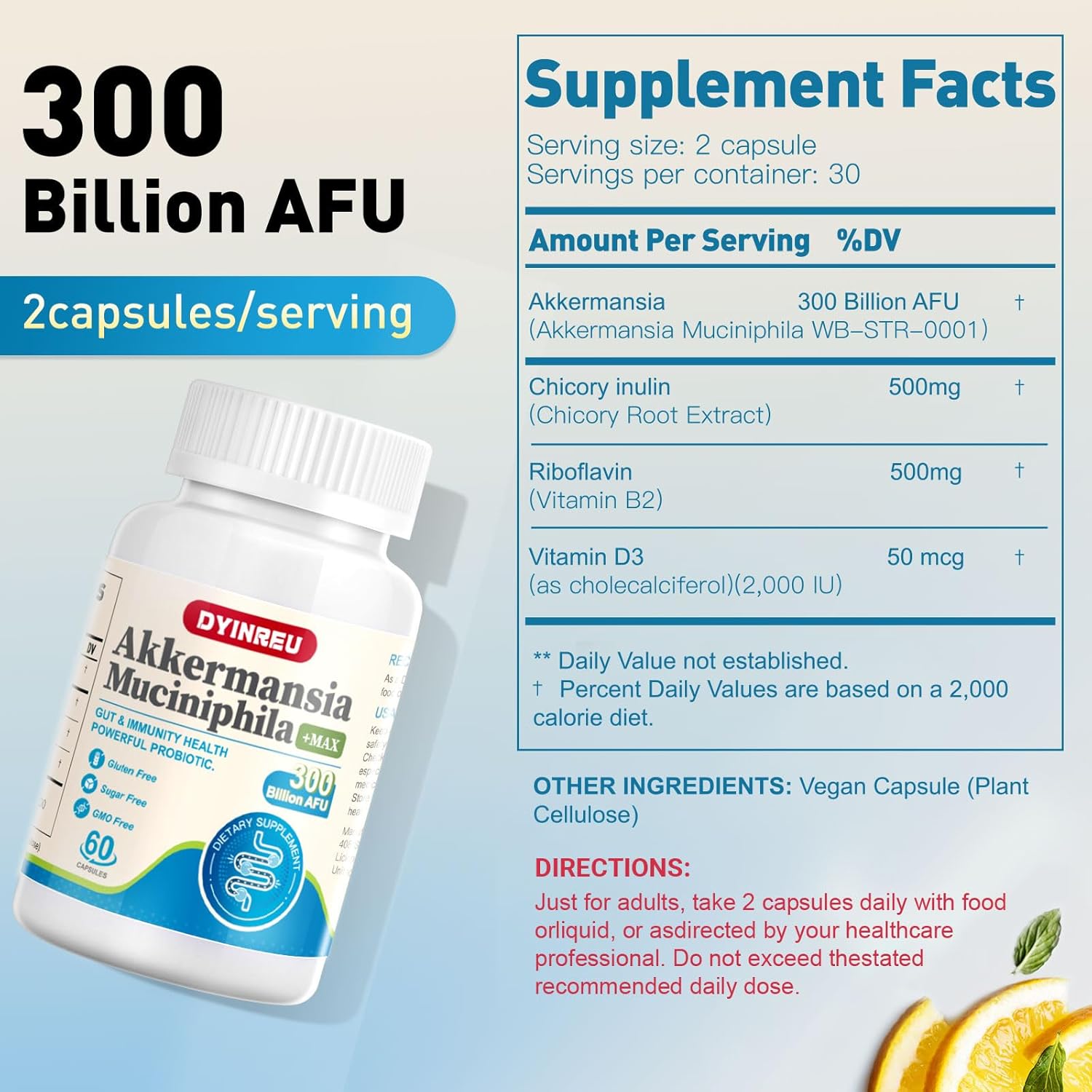 DYINREU Akkermansia Muciniphila 300 Billion AFU Probiotics Capsules for Digestive and Immune Health, Supports Gut Lining & Function for Men and Women - 60 Count