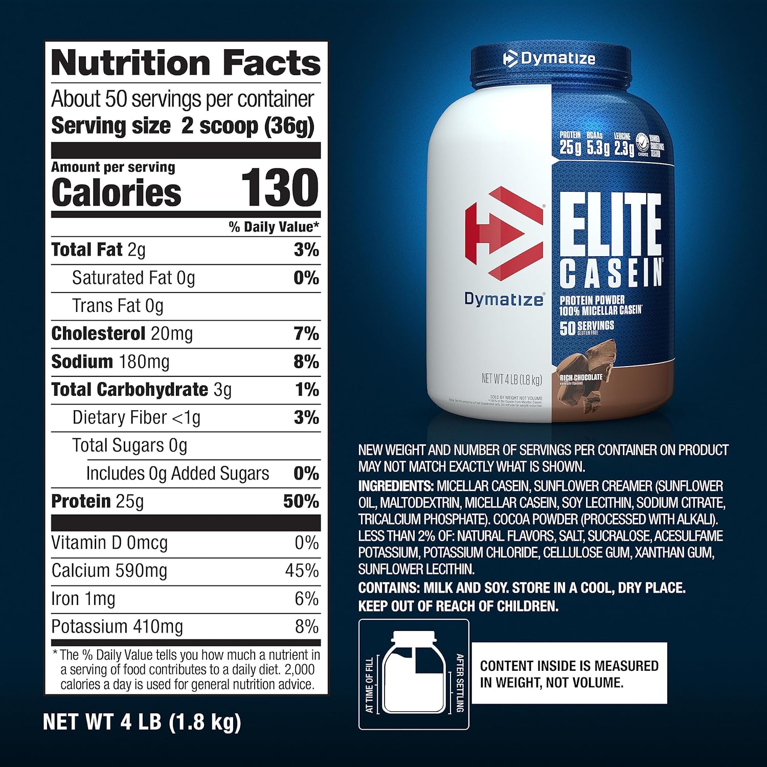 Dymatize Elite Casein Protein Powder, Rich Chocolate Flavor, 4lb - Slow Absorbing 25g Protein with BCAAs for Muscle Building & Recovery