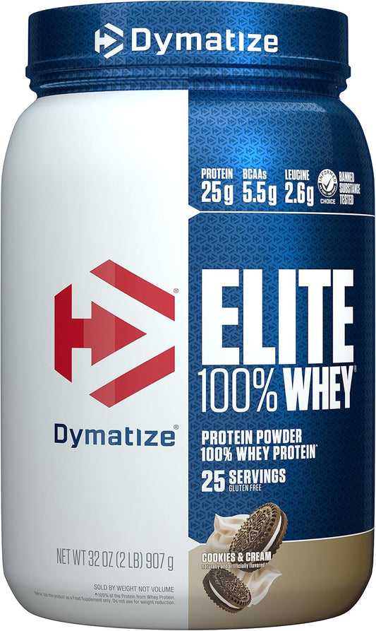 Dymatize Elite Whey Protein Powder, Cookies & Cream Flavor, 2lb Tub - 25g Protein, 5.5g BCAAs, Fast Absorbing for Muscle Recovery