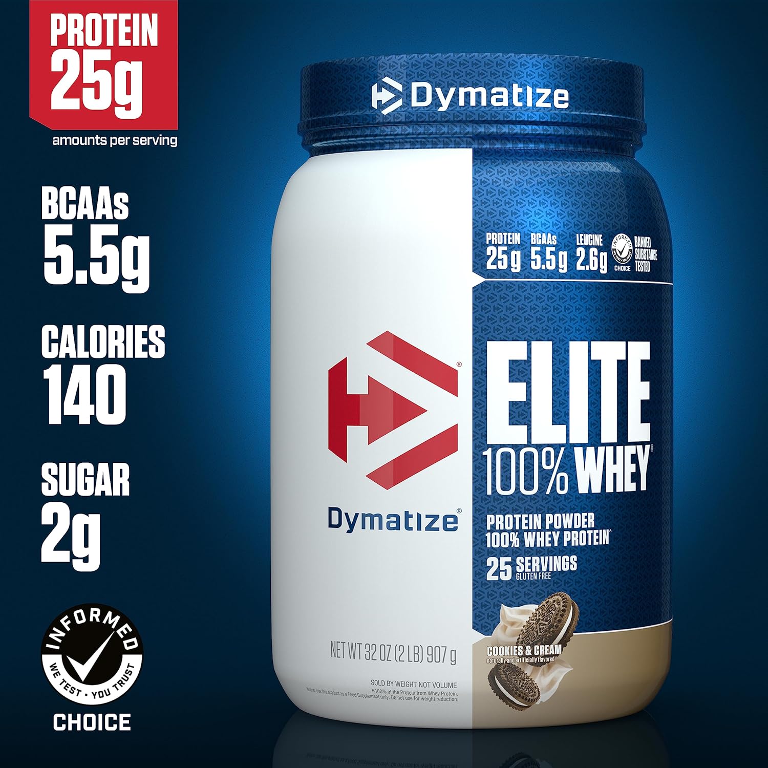 Dymatize Elite Whey Protein Powder, Cookies & Cream Flavor, 2lb Tub - 25g Protein, 5.5g BCAAs, Fast Absorbing for Muscle Recovery