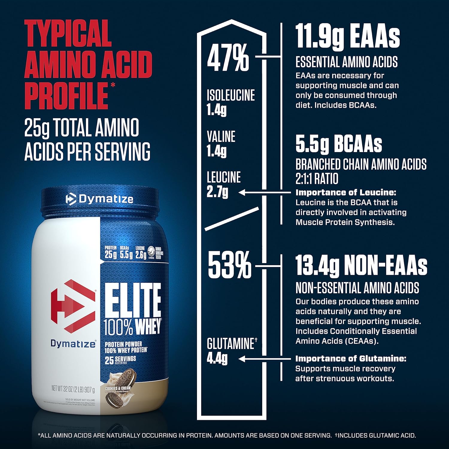 Dymatize Elite Whey Protein Powder, Cookies & Cream Flavor, 2lb Tub - 25g Protein, 5.5g BCAAs, Fast Absorbing for Muscle Recovery