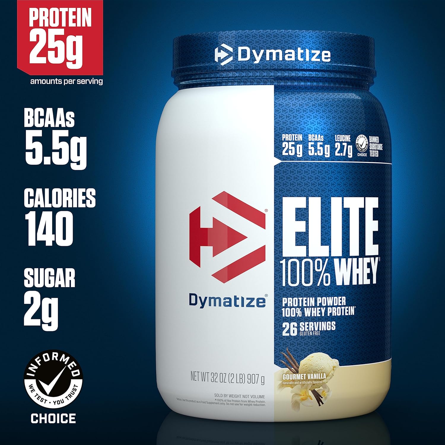 Dymatize Elite Whey Protein Powder with L-Leucine for Muscle Recovery, Gourmet Vanilla Flavor - 32 Oz