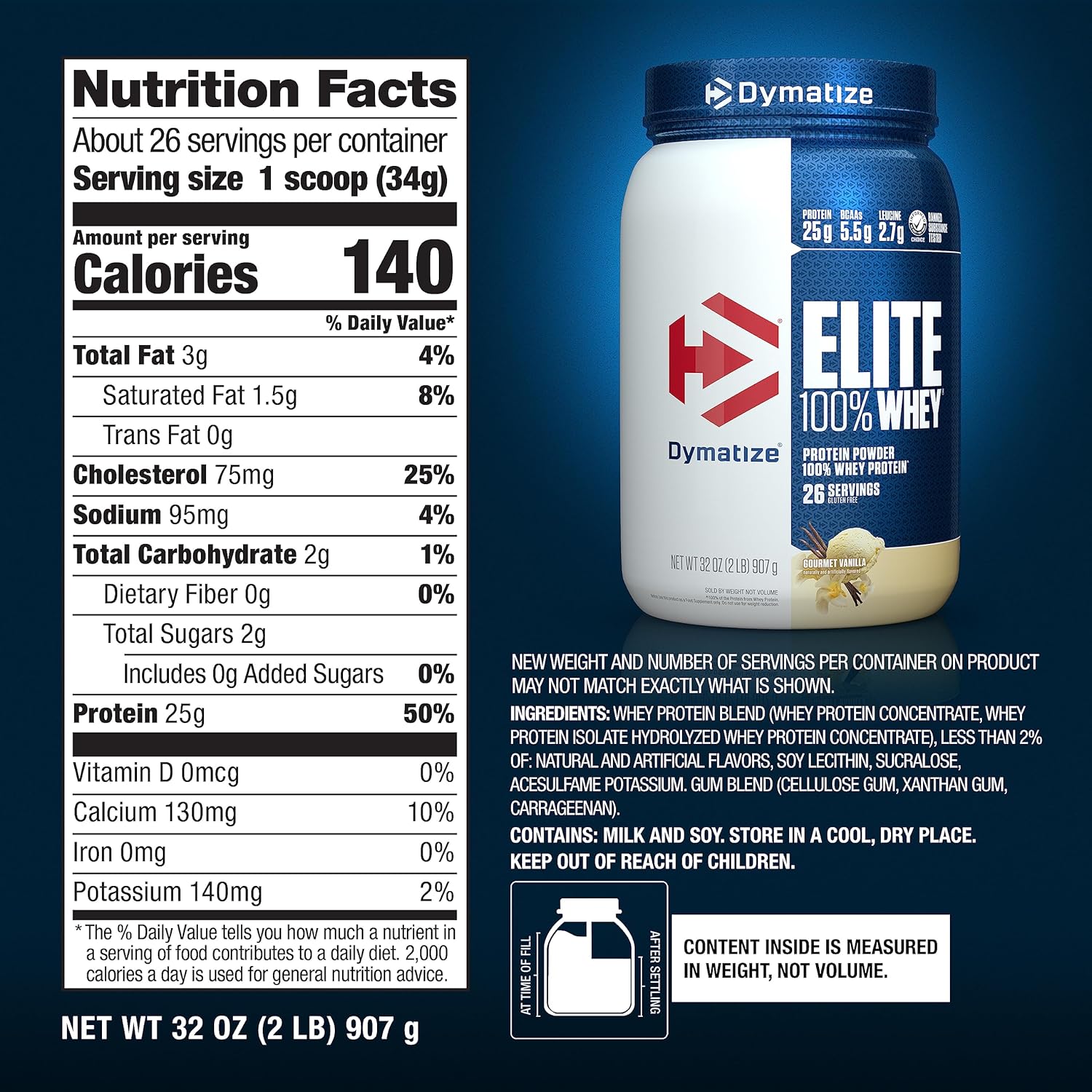 Dymatize Elite Whey Protein Powder with L-Leucine for Muscle Recovery, Gourmet Vanilla Flavor - 32 Oz