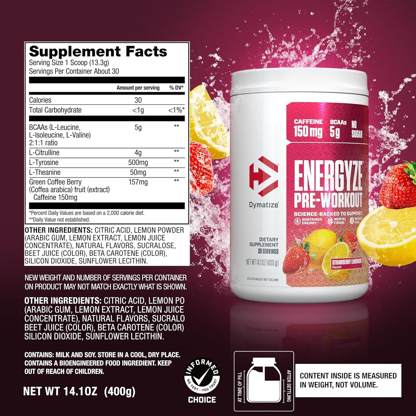 Dymatize Energyze Pre Workout Powder - Strawberry Lemonade Flavor, 150mg Caffeine, 5g BCAAs, Performance Blend - 30 Servings
